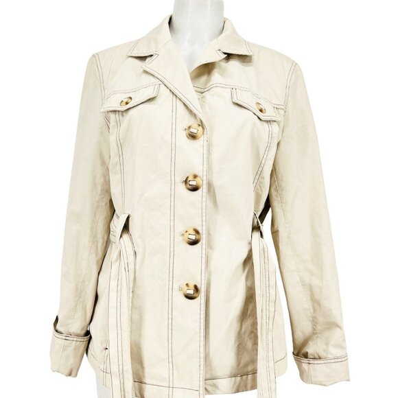 Braetan Women's Belted Lined Beige Jacket Size L Buttons Closure Collared - Picture 2 of 13